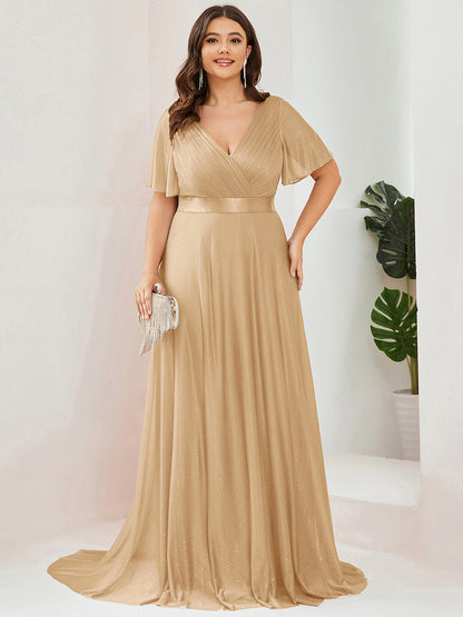 ever LIORÉ|Sparkling Short Sleeve V-Neck Ribbon Waist A-Line Evening Dress