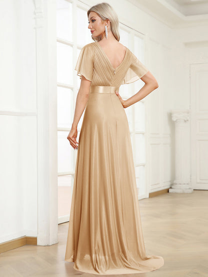ever LIORÉ|Sparkling Short Sleeve V-Neck Ribbon Waist A-Line Evening Dress