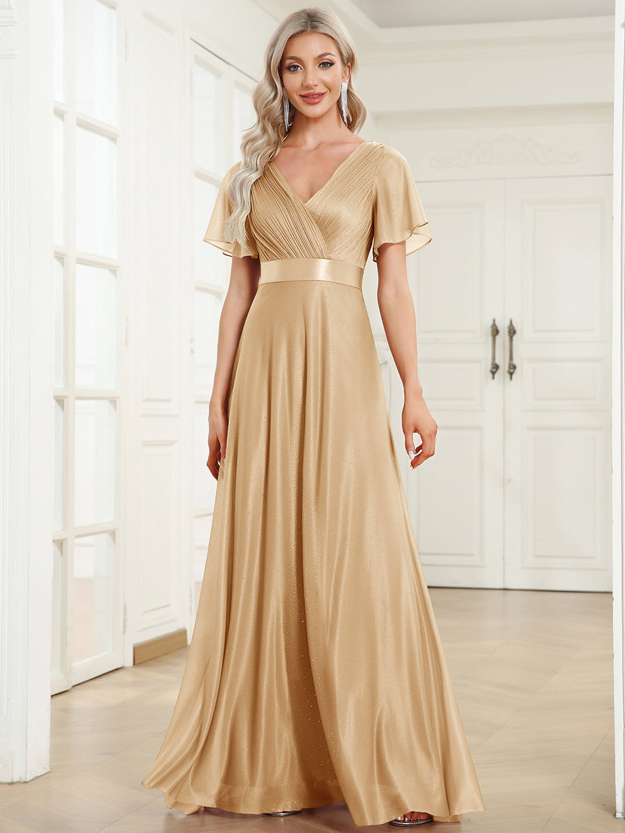 ever LIORÉ|Sparkling Short Sleeve V-Neck Ribbon Waist A-Line Bridesmaid Dress