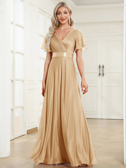 ever LIORÉ|Sparkling Short Sleeve V-Neck Ribbon Waist A-Line Bridesmaid Dress