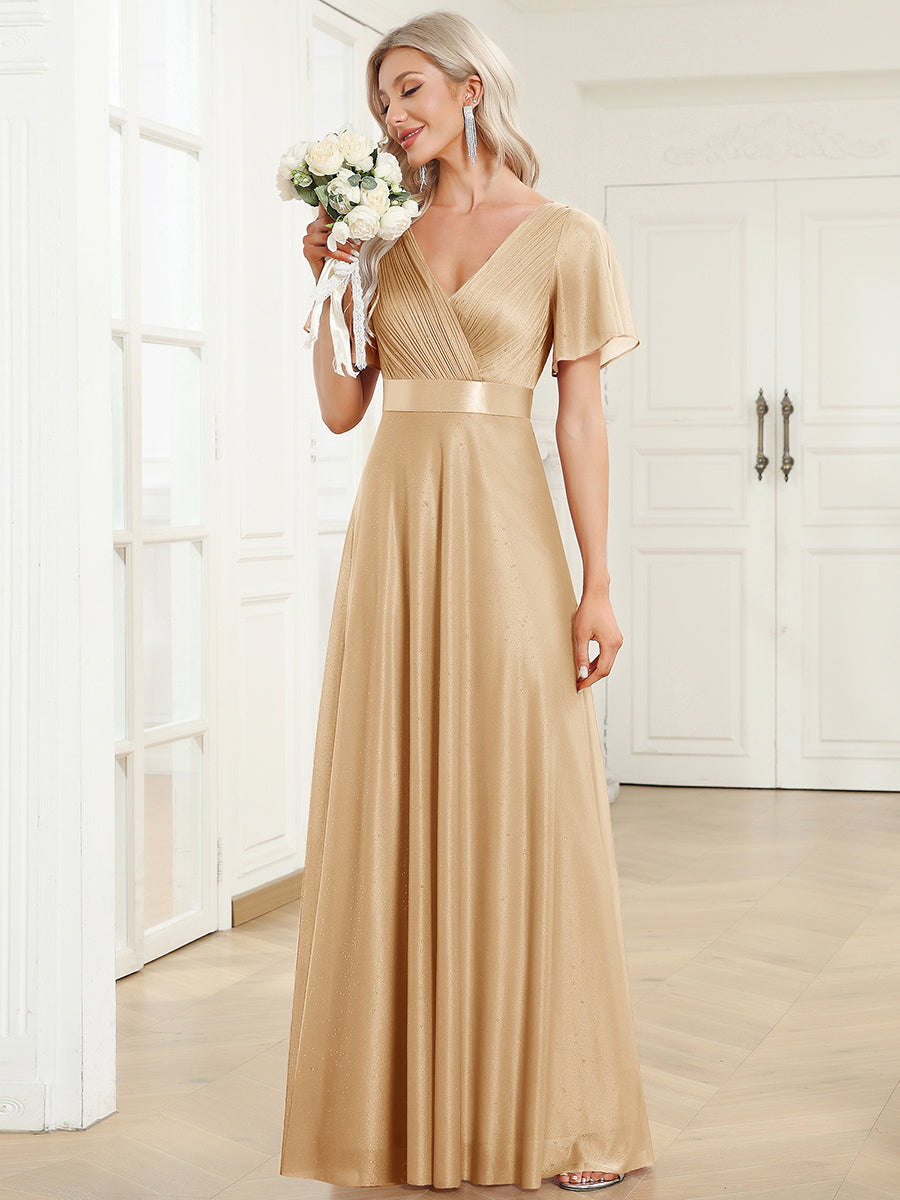 ever LIORÉ|Sparkling Short Sleeve V-Neck Ribbon Waist A-Line Bridesmaid Dress