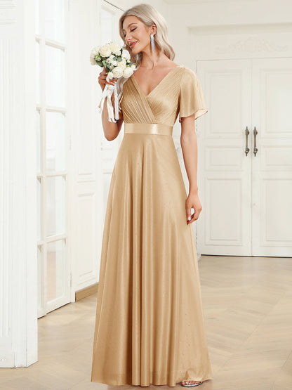 ever LIORÉ|Sparkling Short Sleeve V-Neck Ribbon Waist A-Line Bridesmaid Dress