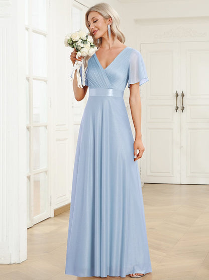ever LIORÉ|Sparkling Short Sleeve V-Neck Ribbon Waist A-Line Evening Dress