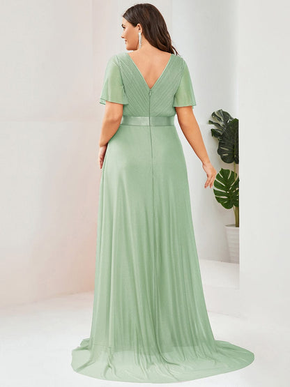 ever LIORÉ|Plus Size V Neck Ribbon Waist Formal Evening Dress With Sleeves