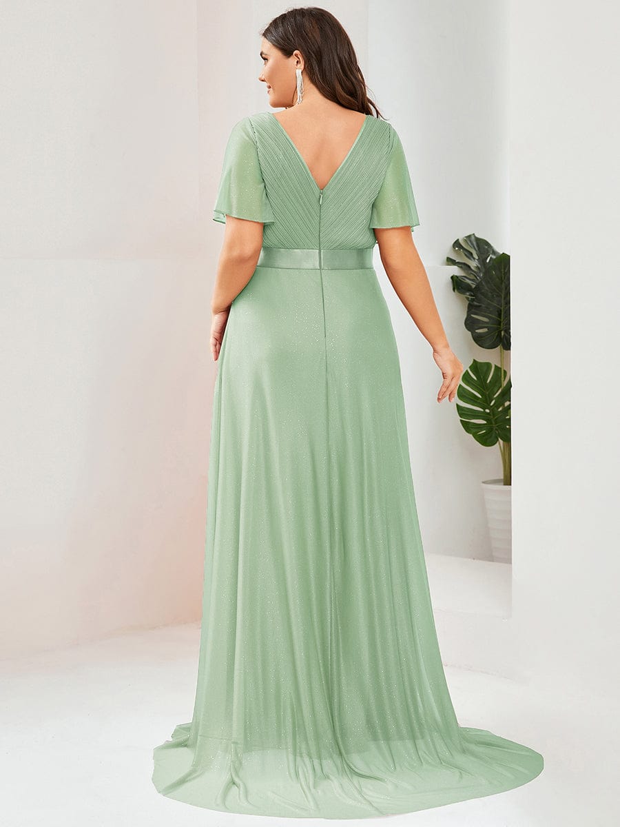 ever LIORÉ|Sparkling Short Sleeve V-Neck Ribbon Waist A-Line Evening Dress