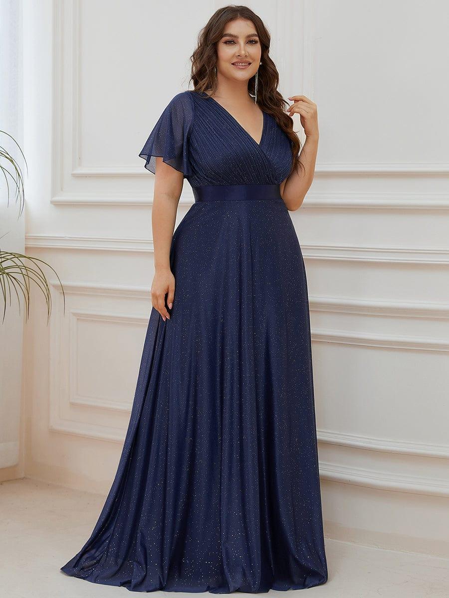 ever LIORÉ|Sparkling Short Sleeve V-Neck Ribbon Waist A-Line Bridesmaid Dress