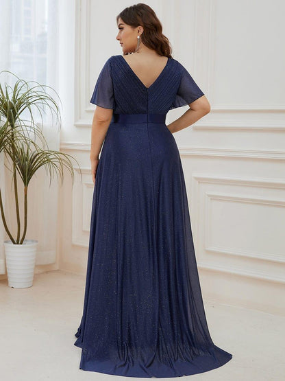 ever LIORÉ|Sparkling Short Sleeve V-Neck Ribbon Waist A-Line Bridesmaid Dress