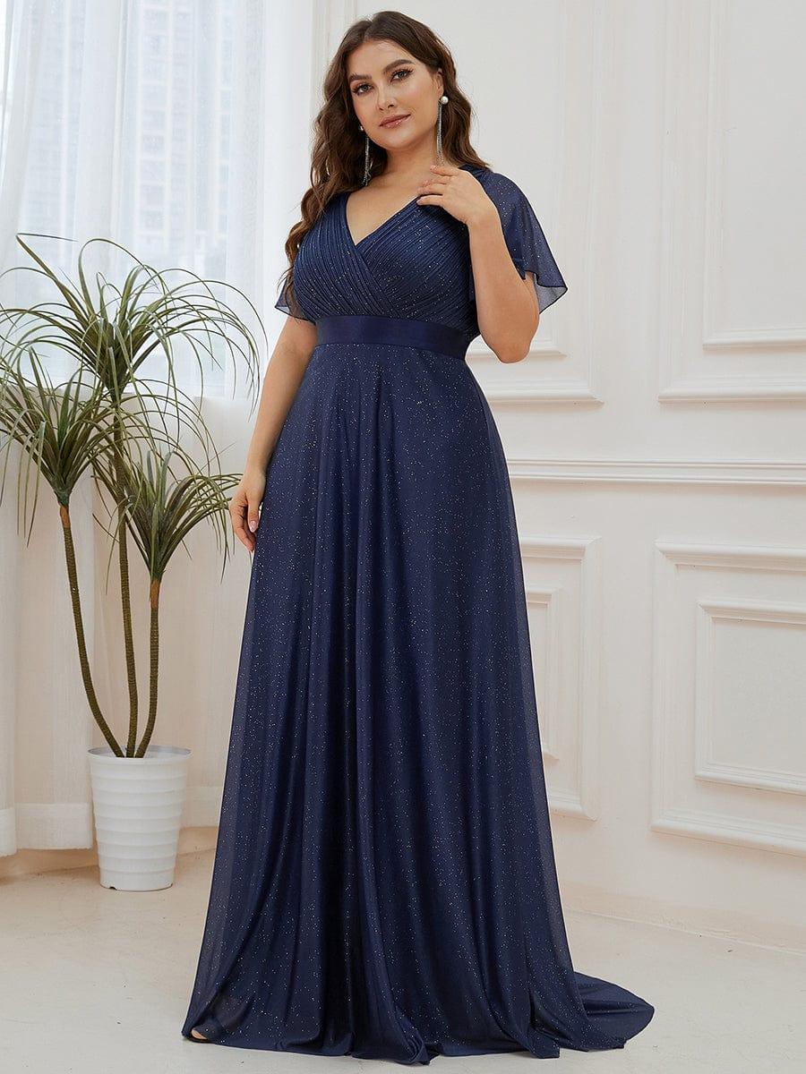 ever LIORÉ|Sparkling Short Sleeve V-Neck Ribbon Waist A-Line Bridesmaid Dress