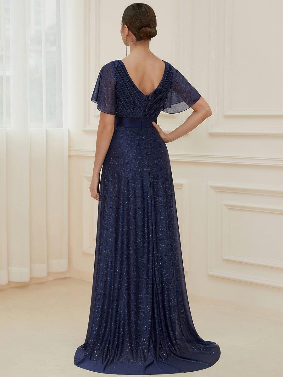 ever LIORÉ|Sparkling Short Sleeve V-Neck Ribbon Waist A-Line Bridesmaid Dress
