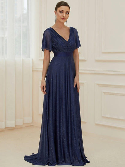 ever LIORÉ|Sparkling Short Sleeve V-Neck Ribbon Waist A-Line Bridesmaid Dress