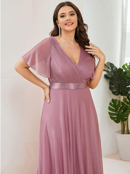 ever LIORÉ|Plus Size V Neck Ribbon Waist Formal Evening Dress With Sleeves
