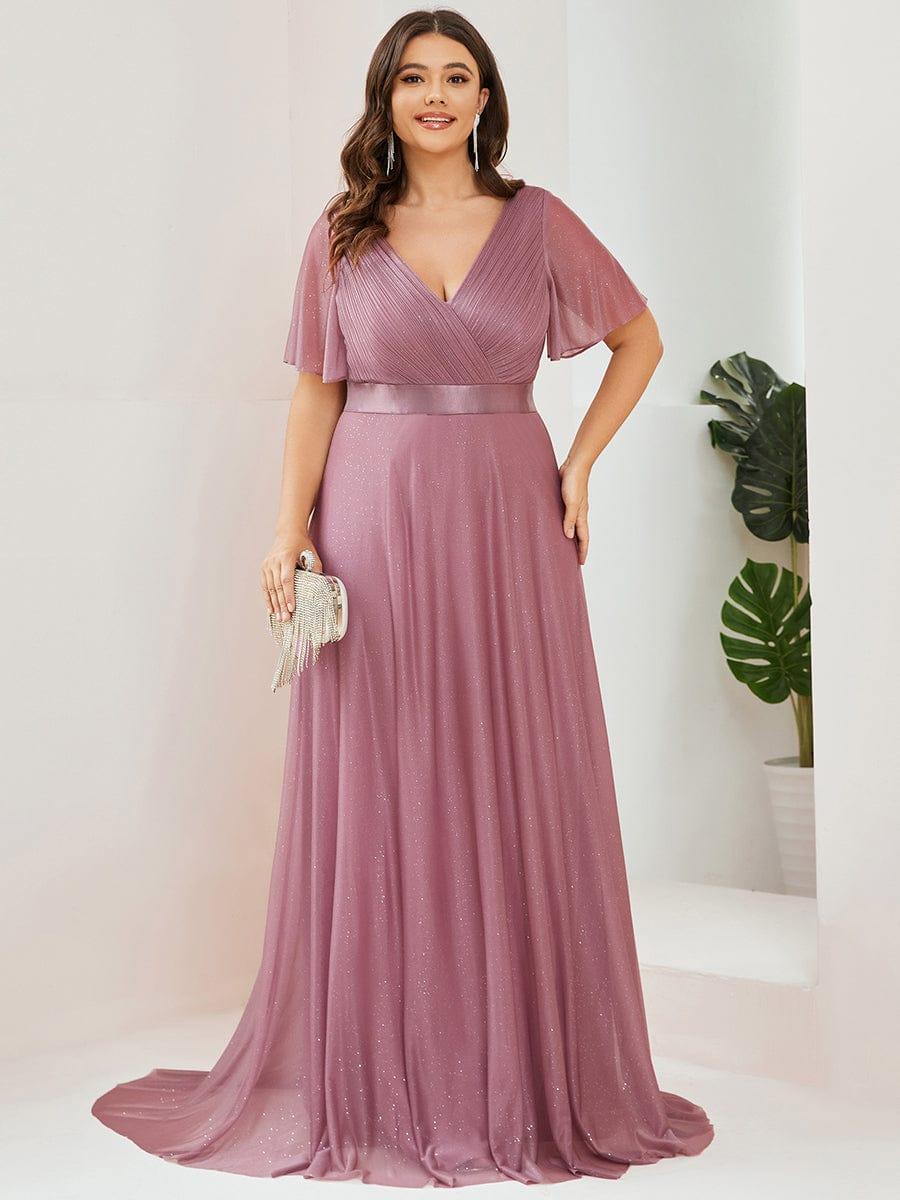 ever LIORÉ|Sparkling Short Sleeve V-Neck Ribbon Waist A-Line Bridesmaid Dress