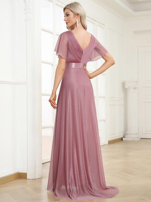 ever LIORÉ|Sparkling Short Sleeve V-Neck Ribbon Waist A-Line Bridesmaid Dress