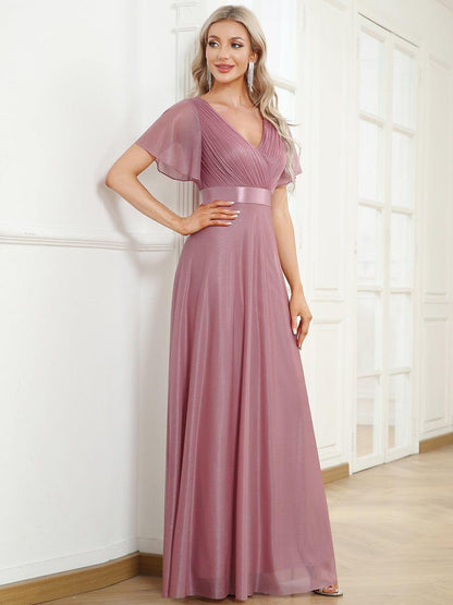 ever LIORÉ|Sparkling Short Sleeve V-Neck Ribbon Waist A-Line Bridesmaid Dress