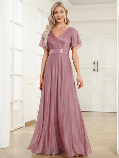 ever LIORÉ|Sparkling Short Sleeve V-Neck Ribbon Waist A-Line Evening Dress