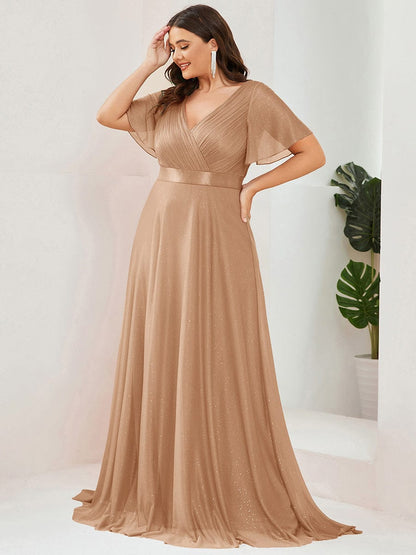 ever LIORÉ|Sparkling Short Sleeve V-Neck Ribbon Waist A-Line Evening Dress