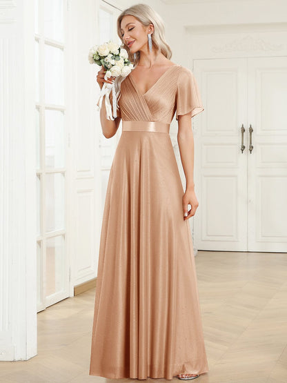ever LIORÉ|Sparkling Short Sleeve V-Neck Ribbon Waist A-Line Evening Dress