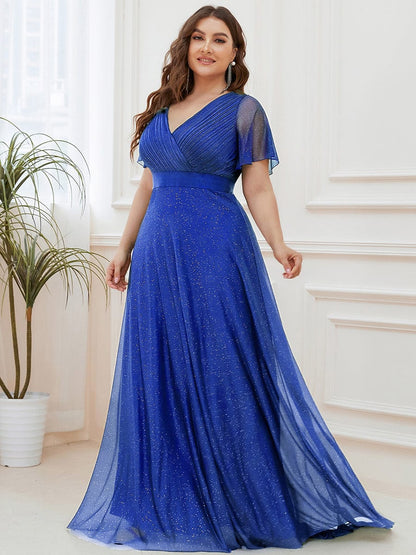 ever LIORÉ|Sparkling Short Sleeve V-Neck Ribbon Waist A-Line Evening Dress