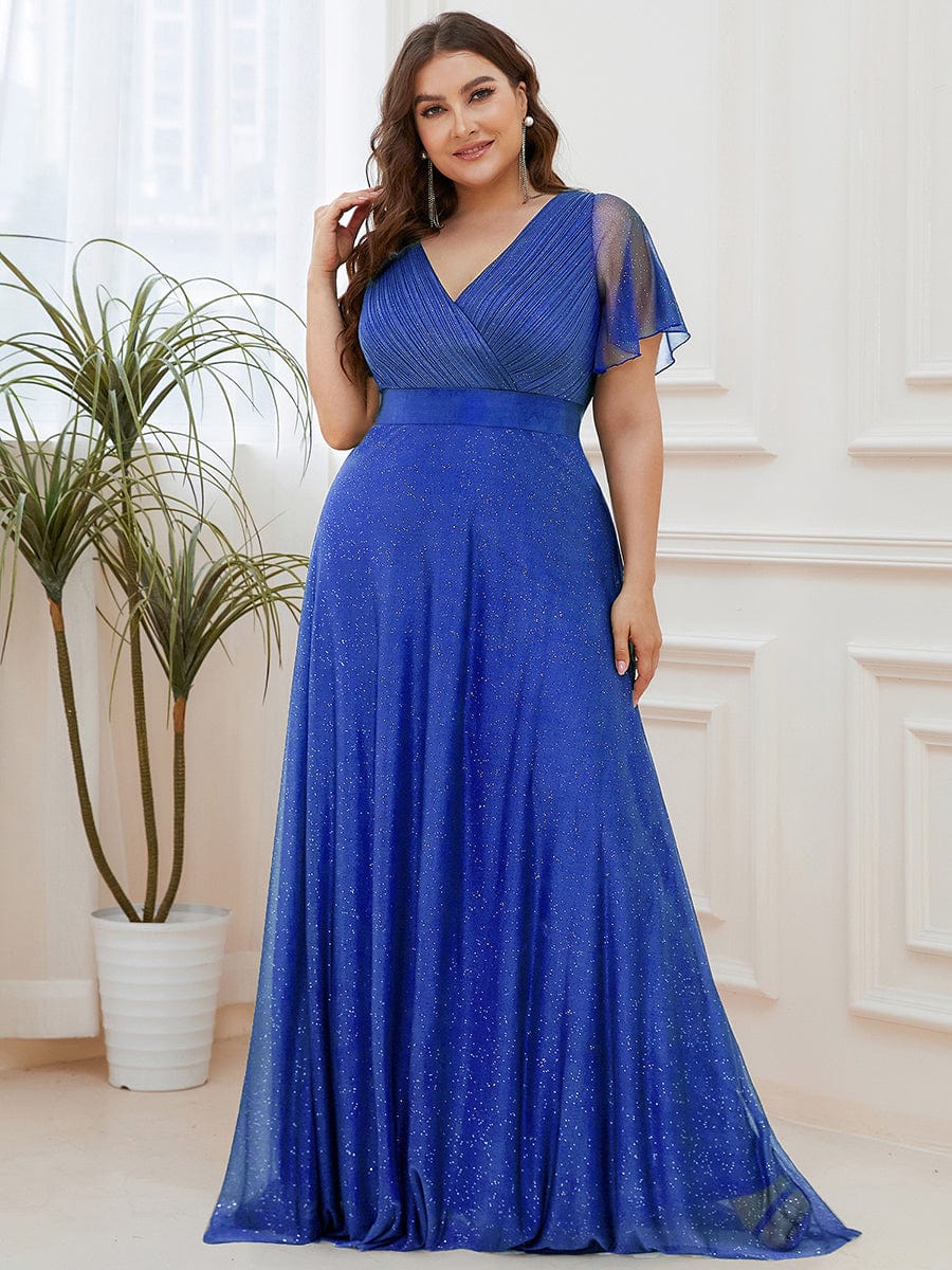 ever LIORÉ|Sparkling Short Sleeve V-Neck Ribbon Waist A-Line Evening Dress