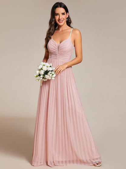 High-Waisted Glittering Spaghetti Straps Bridesmaid Dress with Pleated