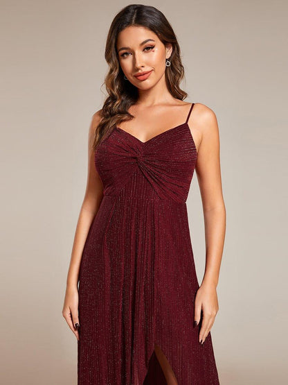 Elegant High Slit V-Neck Sleeveless Bridesmaid Dress with Pleating