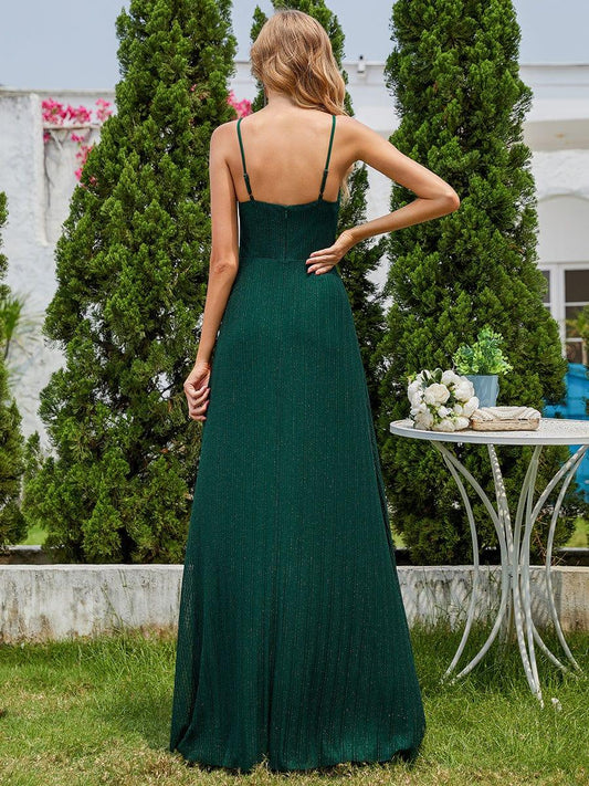 Elegant High Slit V-Neck Sleeveless Bridesmaid Dress with Pleating