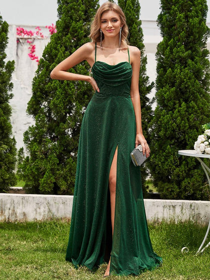 ever LEIGHTON|Sparkling Sleeveless Cowl Neck Evening Dress with High Slit
