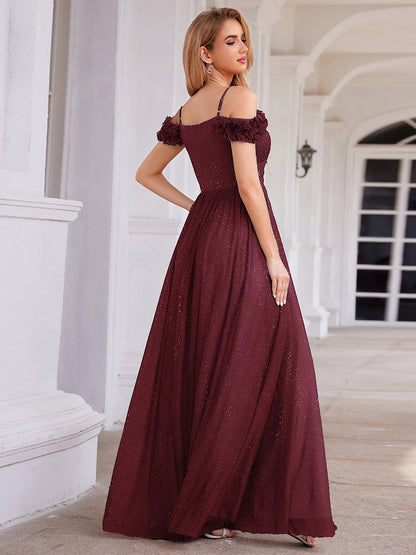 ever AYLANI|Sparkling V-Neck Floral Cold-Shoulder Evening Dress with Pleated