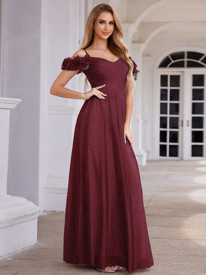 ever AYLANI|Sparkling V-Neck Floral Cold-Shoulder Evening Dress with Pleated