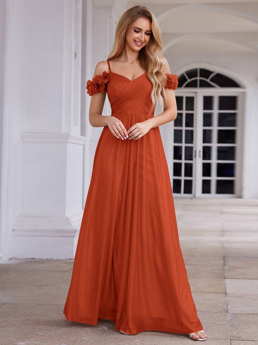 ever AYLANI|Sparkling V-Neck Floral Cold-Shoulder Evening Dress with Pleated
