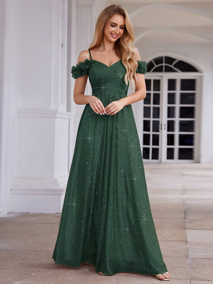 ever AYLANI|Sparkling V-Neck Floral Cold-Shoulder Evening Dress with Pleated