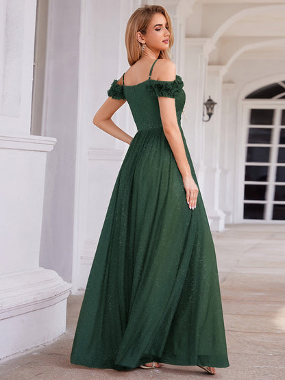 ever AYLANI|Sparkling V-Neck Floral Cold-Shoulder Evening Dress with Pleated