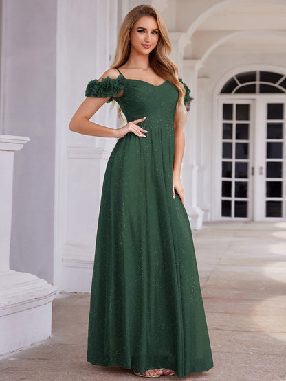 ever AYLANI|Sparkling V-Neck Floral Cold-Shoulder Evening Dress with Pleated