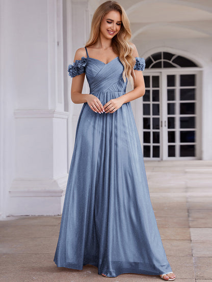 ever AYLANI|Sparkling V-Neck Floral Cold-Shoulder Evening Dress with Pleated