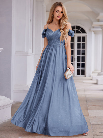 ever AYLANI|Sparkling V-Neck Floral Cold-Shoulder Evening Dress with Pleated