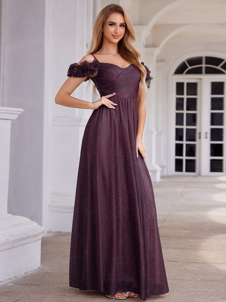 ever AYLANI|Sparkling V-Neck Floral Cold-Shoulder Evening Dress with Pleated