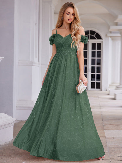 ever AYLANI|Sparkling V-Neck Floral Cold-Shoulder Evening Dress with Pleated