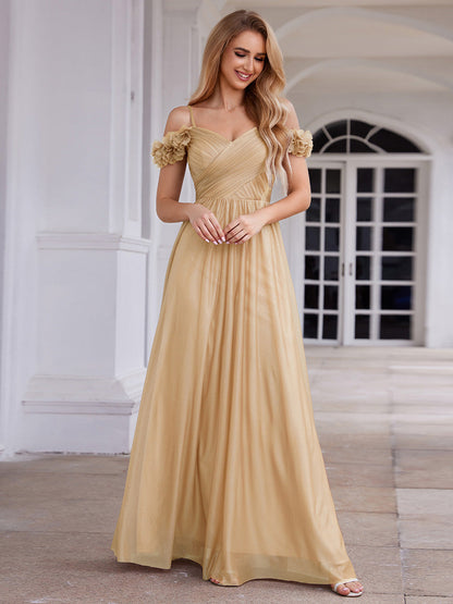 ever AYLANI|Sparkling V-Neck Floral Cold-Shoulder Evening Dress with Pleated