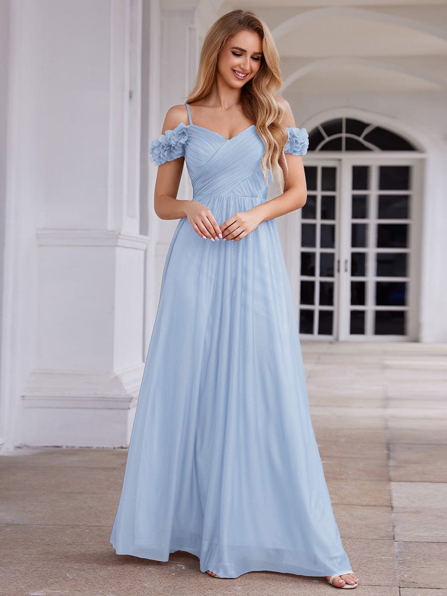 ever AYLANI|Sparkling V-Neck Floral Cold-Shoulder Evening Dress with Pleated