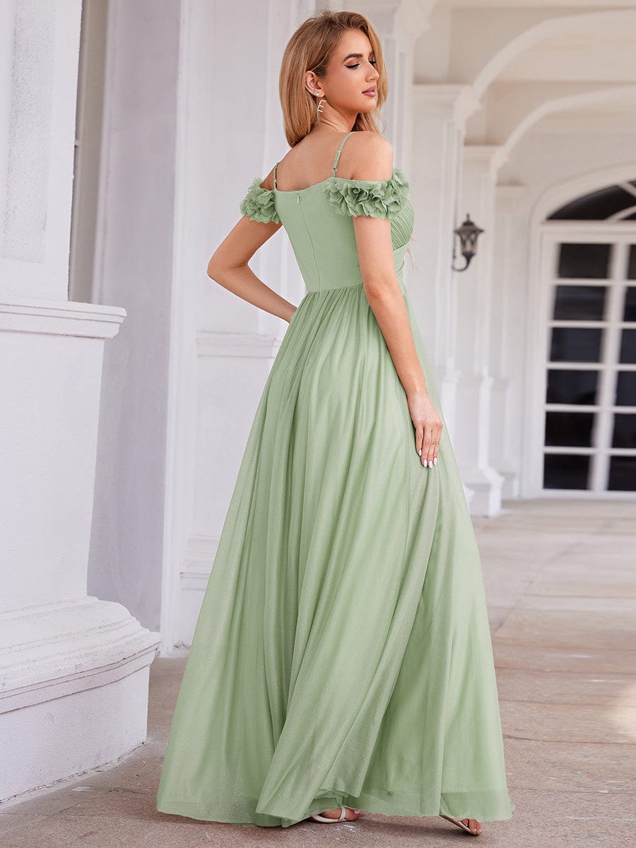 ever AYLANI|Sparkling V-Neck Floral Cold-Shoulder Evening Dress with Pleated
