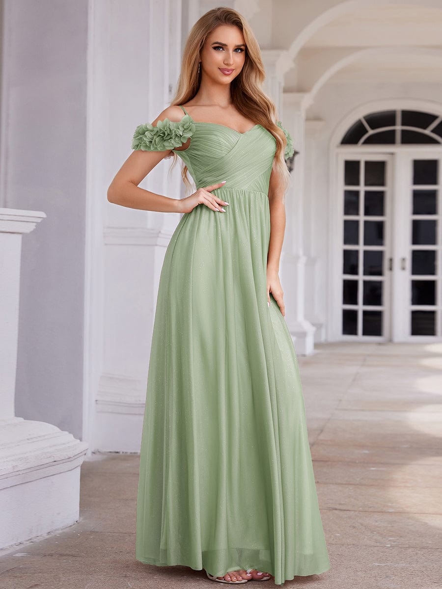 ever AYLANI|Sparkling V-Neck Floral Cold-Shoulder Evening Dress with Pleated