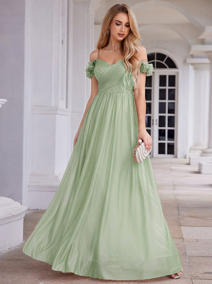 ever AYLANI|Sparkling V-Neck Floral Cold-Shoulder Evening Dress with Pleated