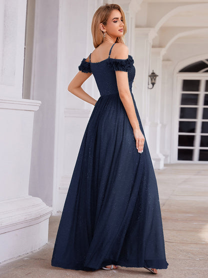 ever AYLANI|Sparkling V-Neck Floral Cold-Shoulder Evening Dress with Pleated