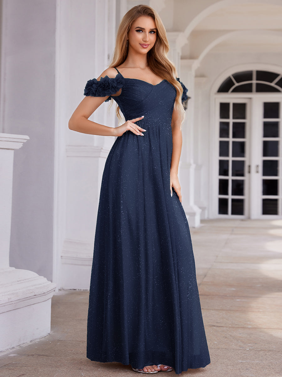 ever AYLANI|Sparkling V-Neck Floral Cold-Shoulder Evening Dress with Pleated