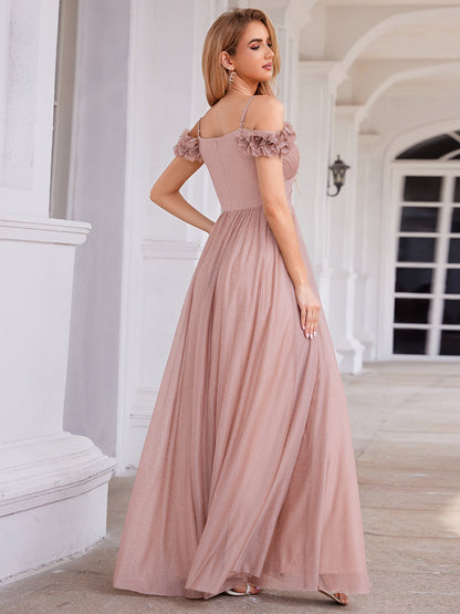 ever AYLANI|Sparkling V-Neck Floral Cold-Shoulder Evening Dress with Pleated