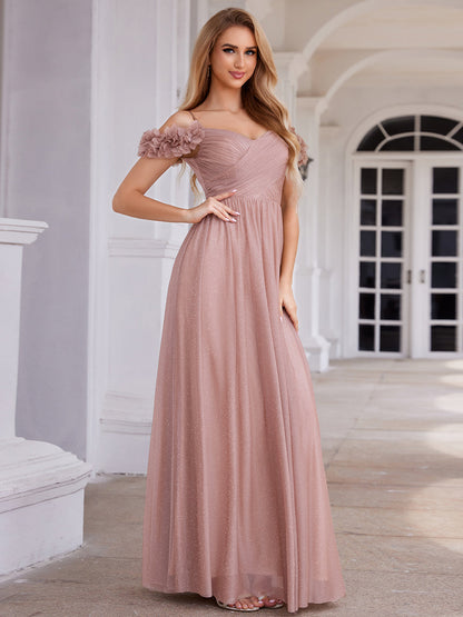 ever AYLANI|Sparkling V-Neck Floral Cold-Shoulder Evening Dress with Pleated