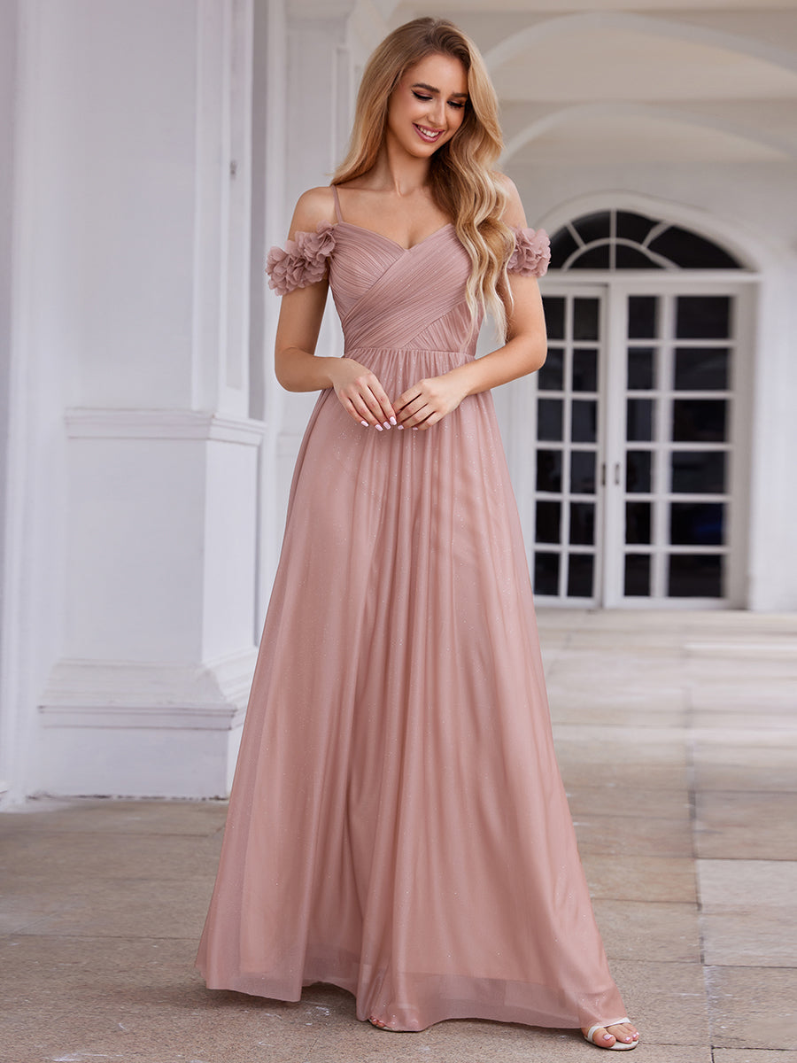 ever AYLANI|Sparkling V-Neck Floral Cold-Shoulder Evening Dress with Pleated