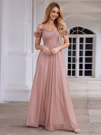 ever AYLANI|Sparkling V-Neck Floral Cold-Shoulder Evening Dress with Pleated