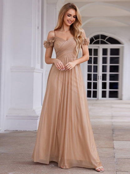 ever AYLANI|Sparkling V-Neck Floral Cold-Shoulder Evening Dress with Pleated