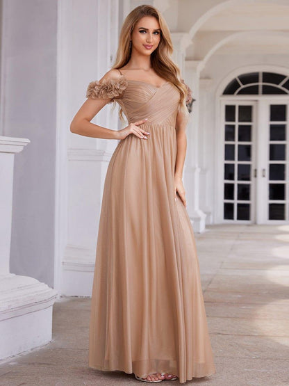 ever AYLANI|Sparkling V-Neck Floral Cold-Shoulder Evening Dress with Pleated